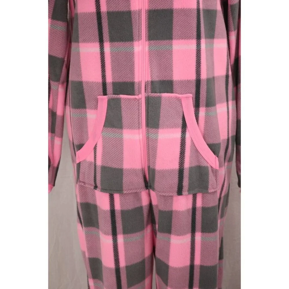Secret Treasures Pink Gray Plaid Fleece Pajamas Size Medium 8 10 VTG Footless 1 - Picture 3 of 11